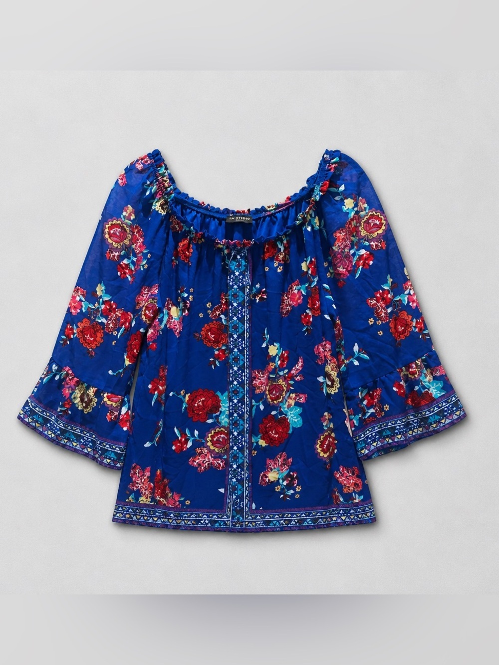 I.N. Studio Royal Blue Floral Peasant Blouse